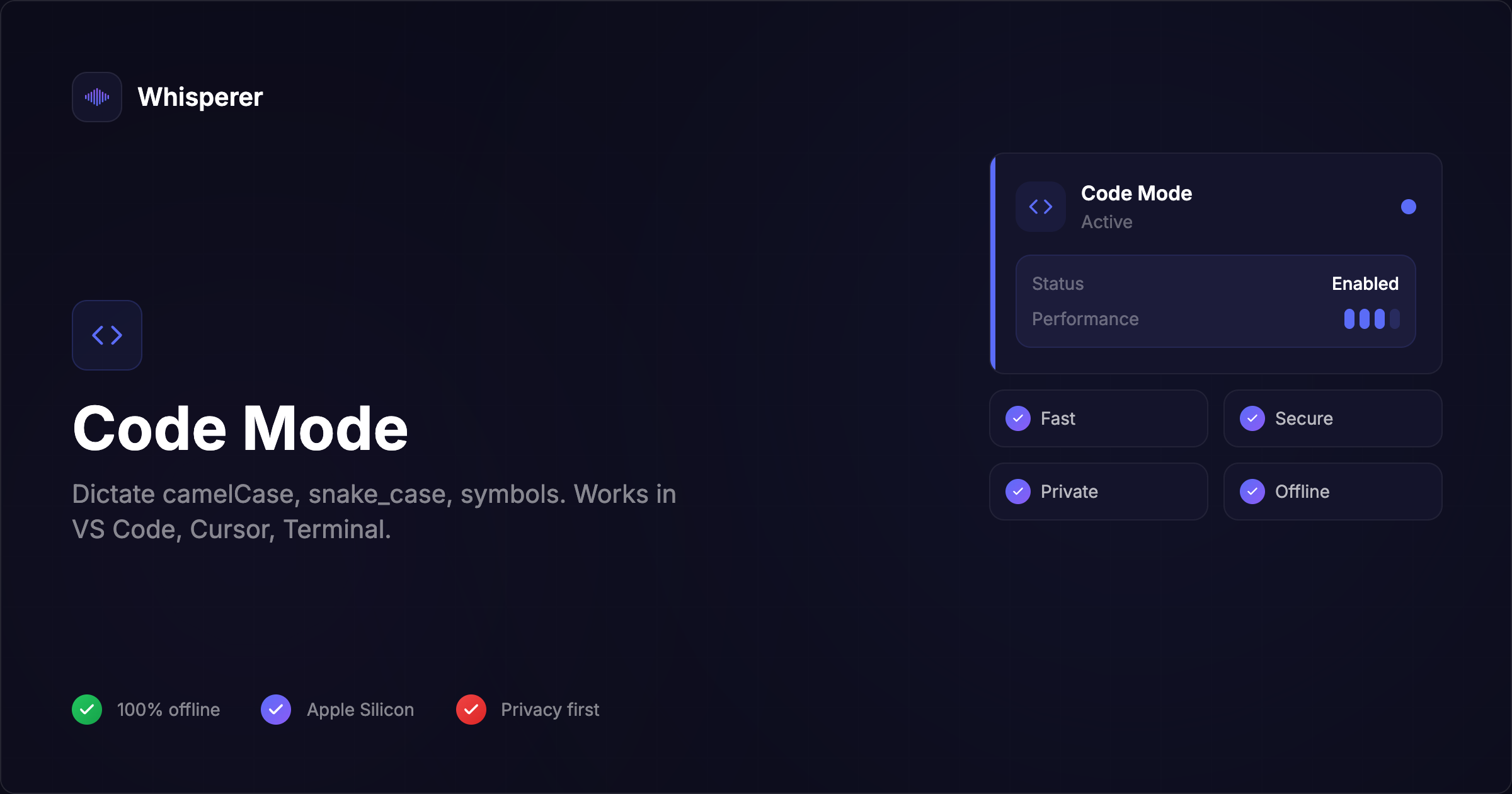 Coding Mode Code Mode — Dictate Code by Voice on Mac — Whisperer